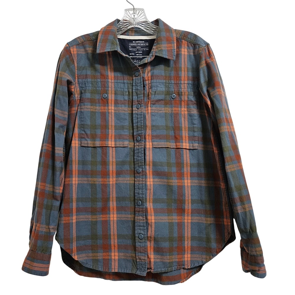 REI‎ Cooperative Button Down Mens Medium Blue Orange Plaid Flannel Shirt Outdoor